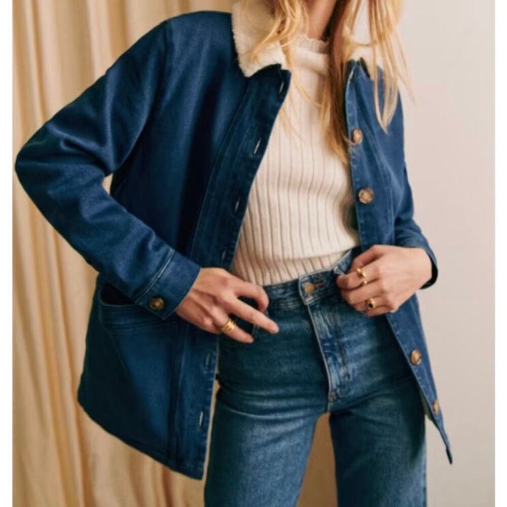 Sezane Will Denim Chore Jacket Shearling Faux Fur Collar Women's Small